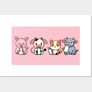 Kawaii  Animals Baby Drinking Milk Posters and Art